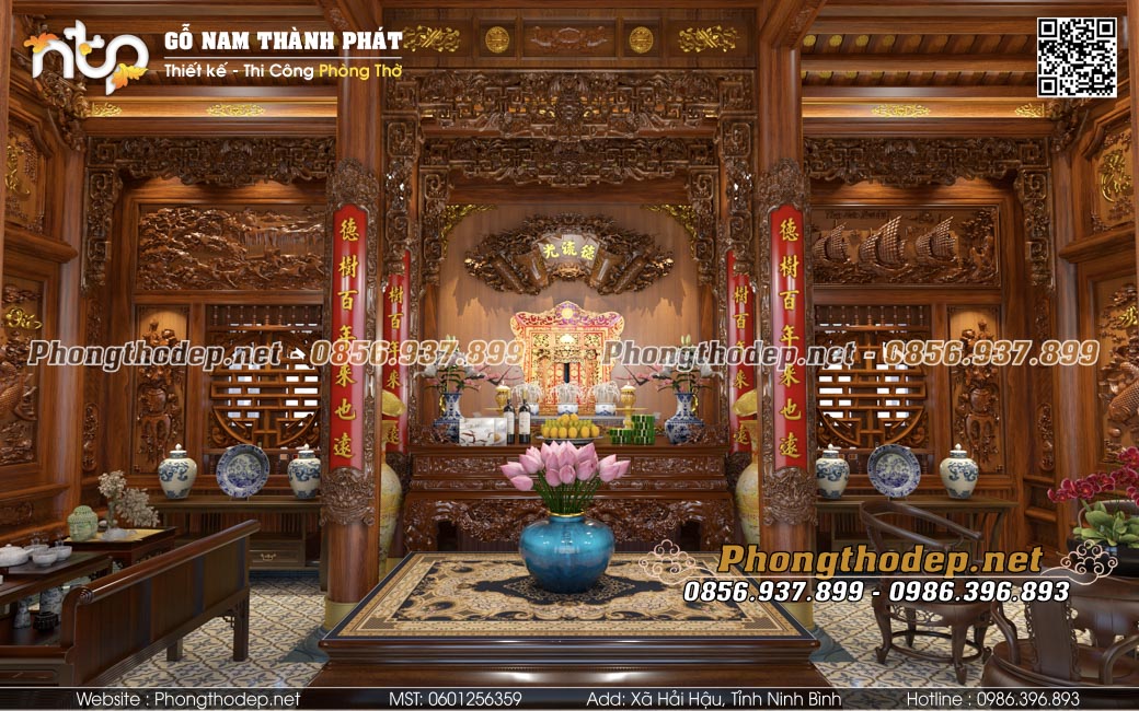 Phòng thờ nhà gỗ 3 gian đẹp đẳng cấp, sang trọng tại Bắc Giang